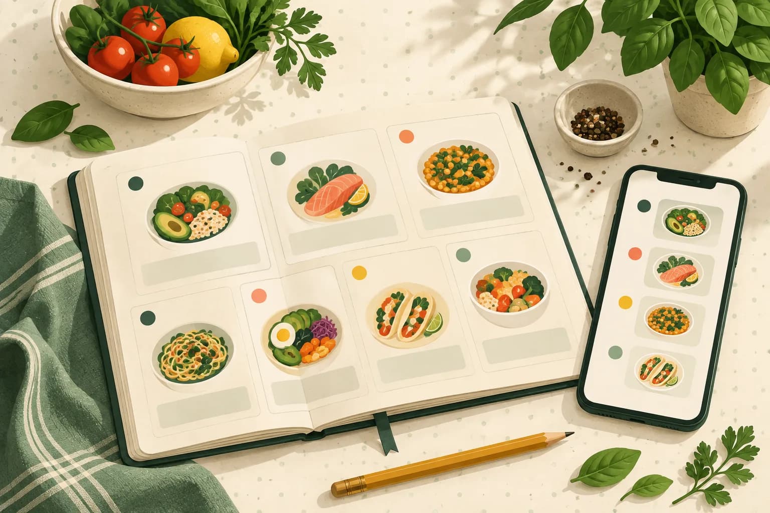A weekly meal planner with meal ideas beside a phone